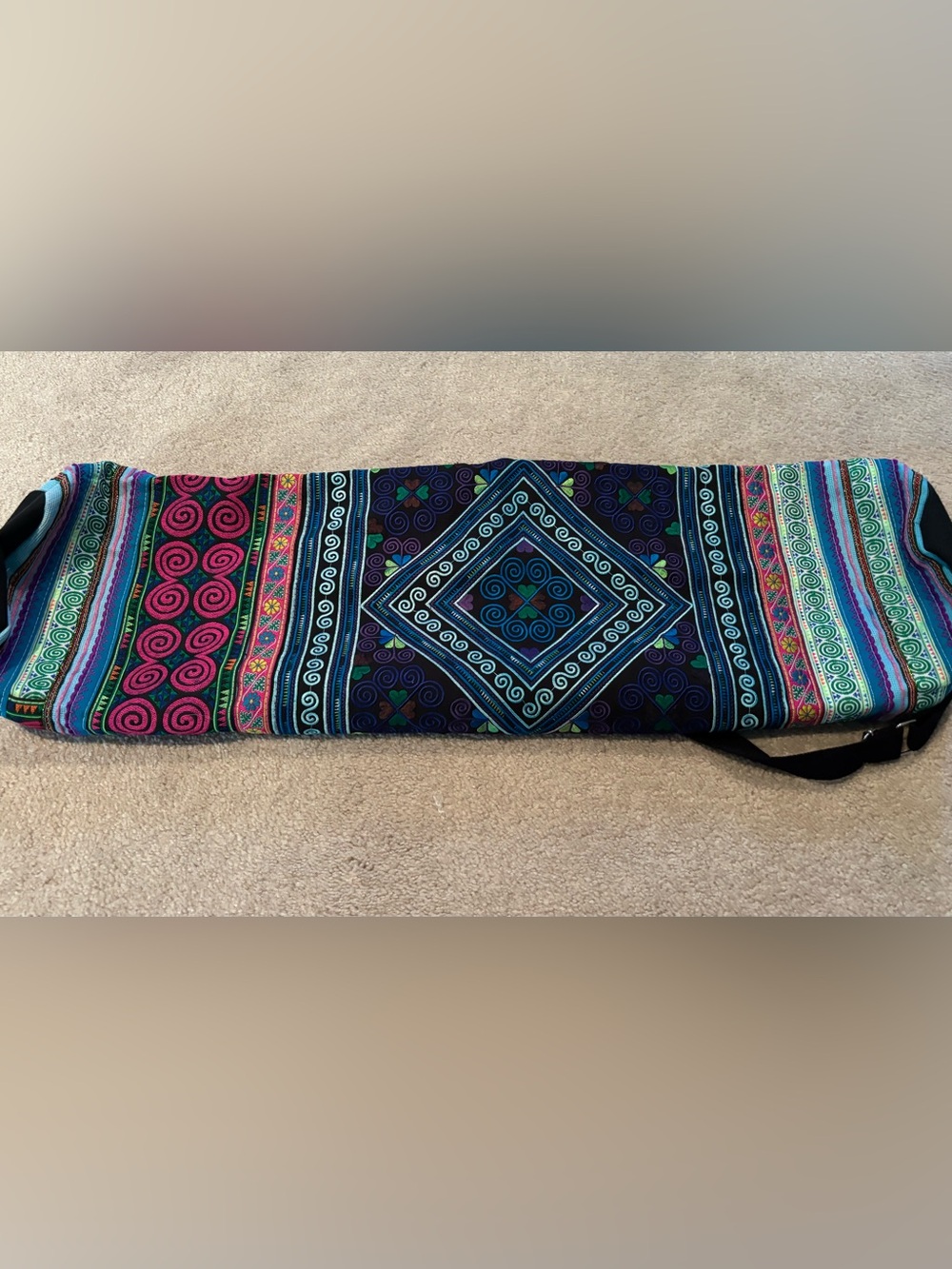 Embroidered Blue Diamond-Pattern Hmong Yoga Mat Bag HandmadeTextile Navy Teal